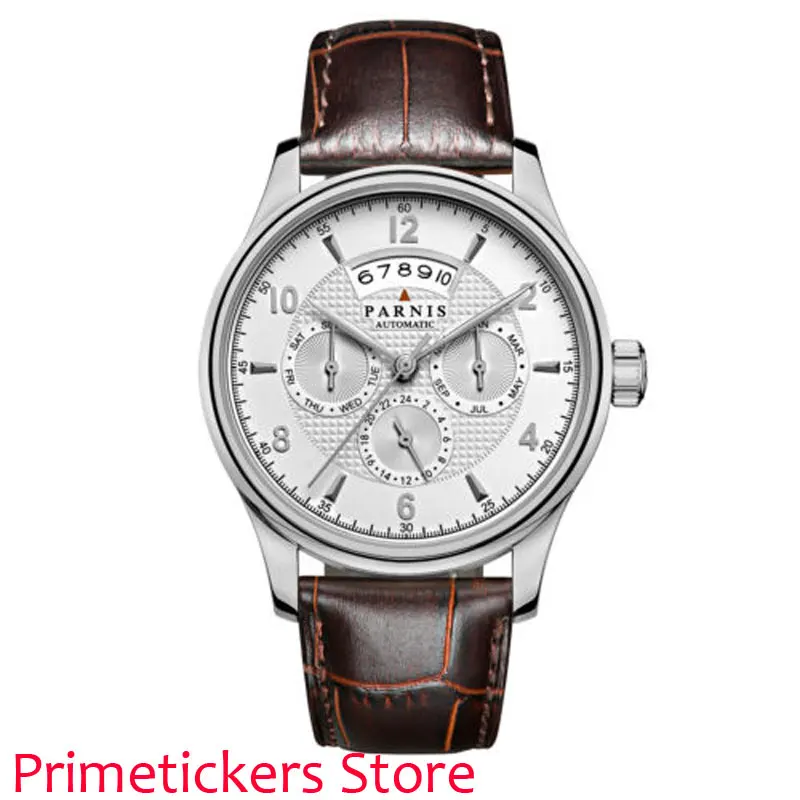 

Month week date display 42mm parnis white dial sapphire glass miyota 9100 automatic mens watch