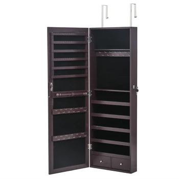 

Full Mirror Wooden Wall Hanging 5-Layer Shelf 2 Drawer Jewelry Storage Mirror Cabinet - Dark Brown