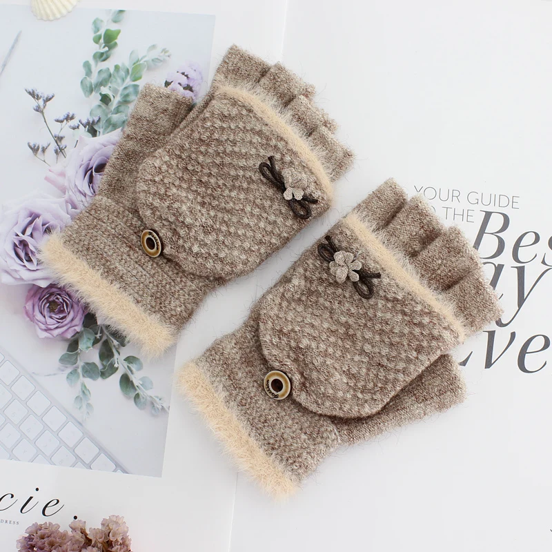 Новые модные зимние женские перчатки без пальцев многофункциональные милые теплые рукавички пэчворк подарок для студентов подруги - Цвет: G91 coffee