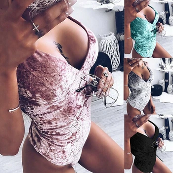 

Sexy Womens Summer V Neck Crushed Velvet Bodysuit One Piece Swimsuit Leotard Ladies Vest Tops Jumpsuit