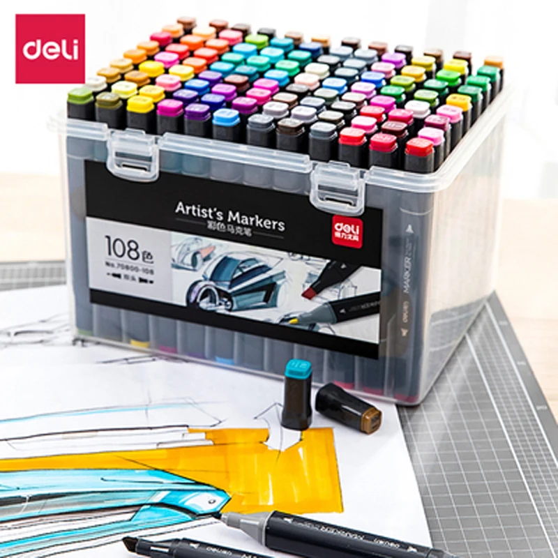 

Deli Dual-Headed Mark Pen 48/60/80/108 Colors Hand-Painted Design Set 70800 Students Graffiti Color Alcohol Solvent Ink