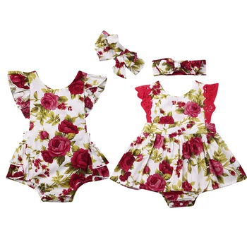 

2019 Summer Newborn Baby Girl Floral Ruffle Lace Tutu Romper Dress+ Headband 2Pcs Outfits Sister Set
