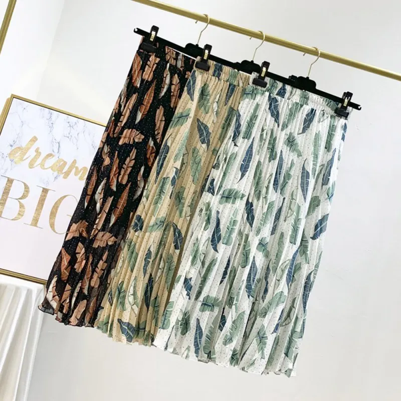Women Skirt Vintage Literary Style Skirt Casual Floral Print Elastic Skirt Waist Pleated Long Paragraph Skirt