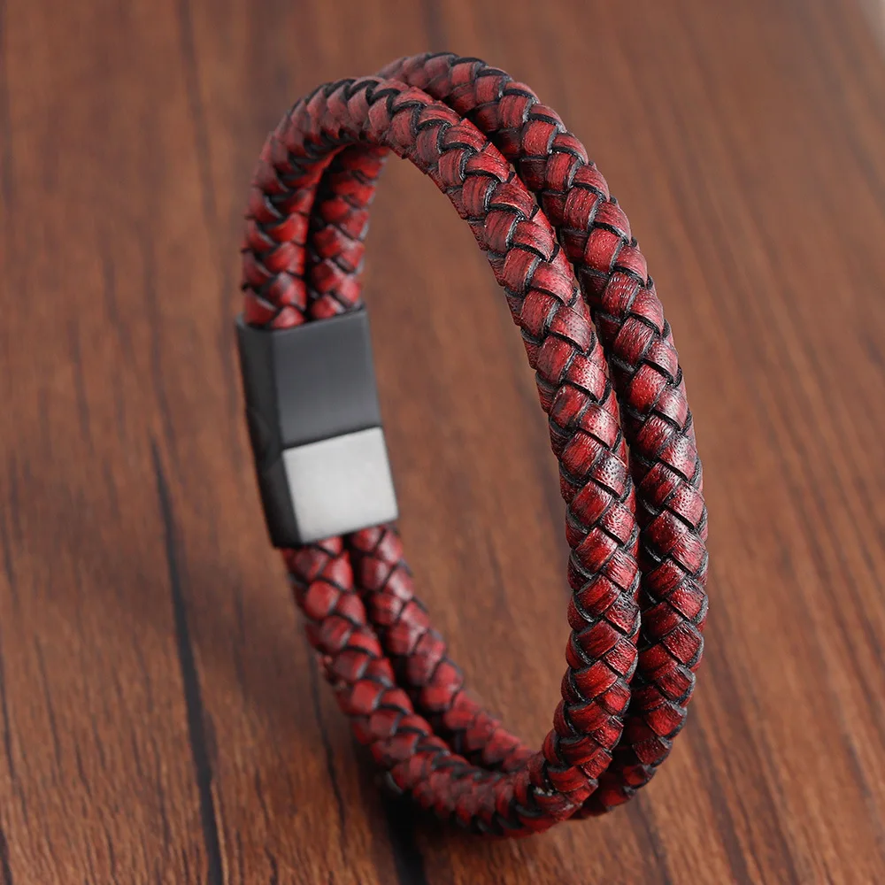 New Fashion Jewelry Men Bracelet Stainless Steel Magnet Clasp Antique Genuine Leather Cuff Bangle Bracelet Men