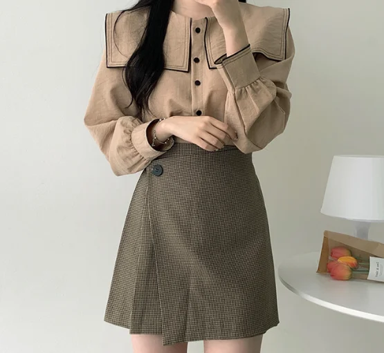  New Vintage solid brown Shirt female Oversize Tops Women Long sleeve Girls Blouse Plus Size Autumn 