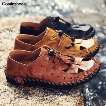 

Man Sandals Cow Leather Casual Beach Shoes Drivers Shoes Men Closed Toe Genuine Leather Sandal Men Sandalen