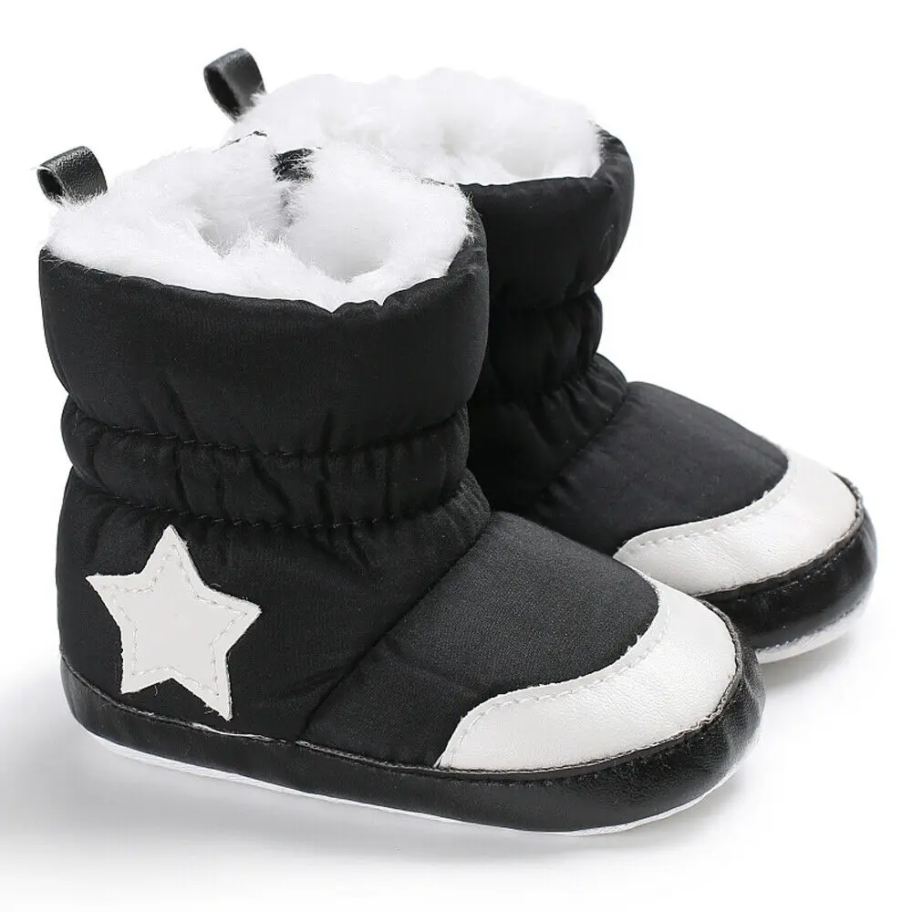 Pudcoco/зимняя обувь для маленьких мальчиков и девочек; зимняя теплая обувь для младенцев; Детские ботиночки из искусственного меха для девочек; кожаные детские ботиночки с рисунком звезды для мальчиков - Цвет: Черный