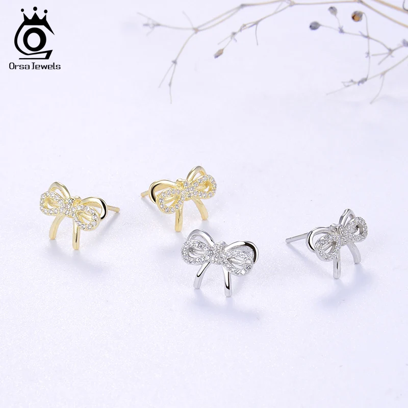 ORSA JEWELS чистое серебро милые серьги с бантиком серьги для женщин прозрачный Циркон новейший Рождество Модный Нежный S925 шпилька девушка ювелирное изделие SE170