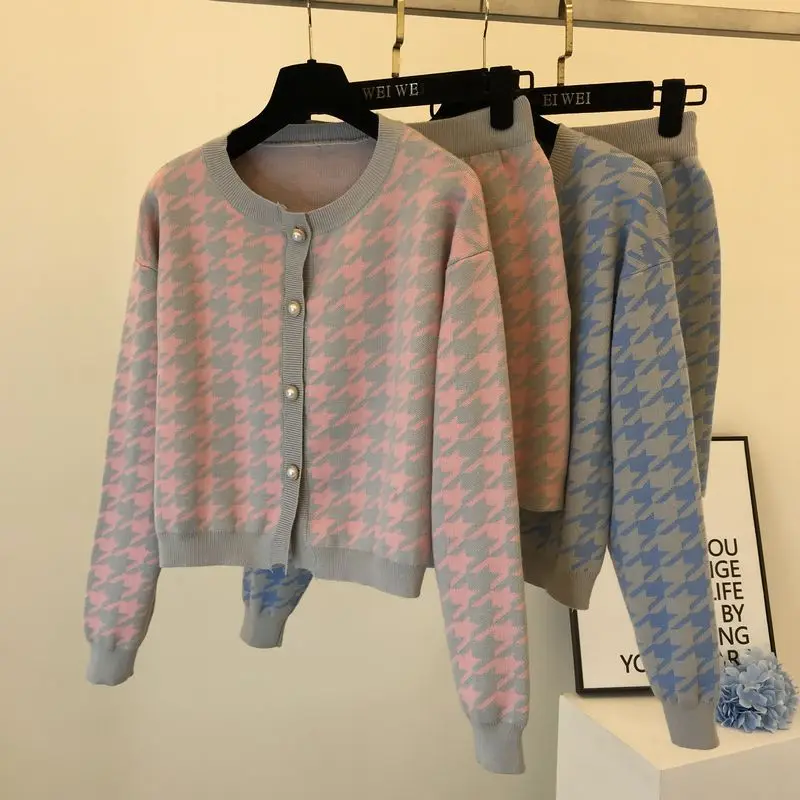 ALPHALMODA/женские кардиганы и юбки, модный вязаный комплект из 2 предметов с рисунком «гусиная лапка», свитер с длинными рукавами, мини-юбка, комплект из 2 предметов