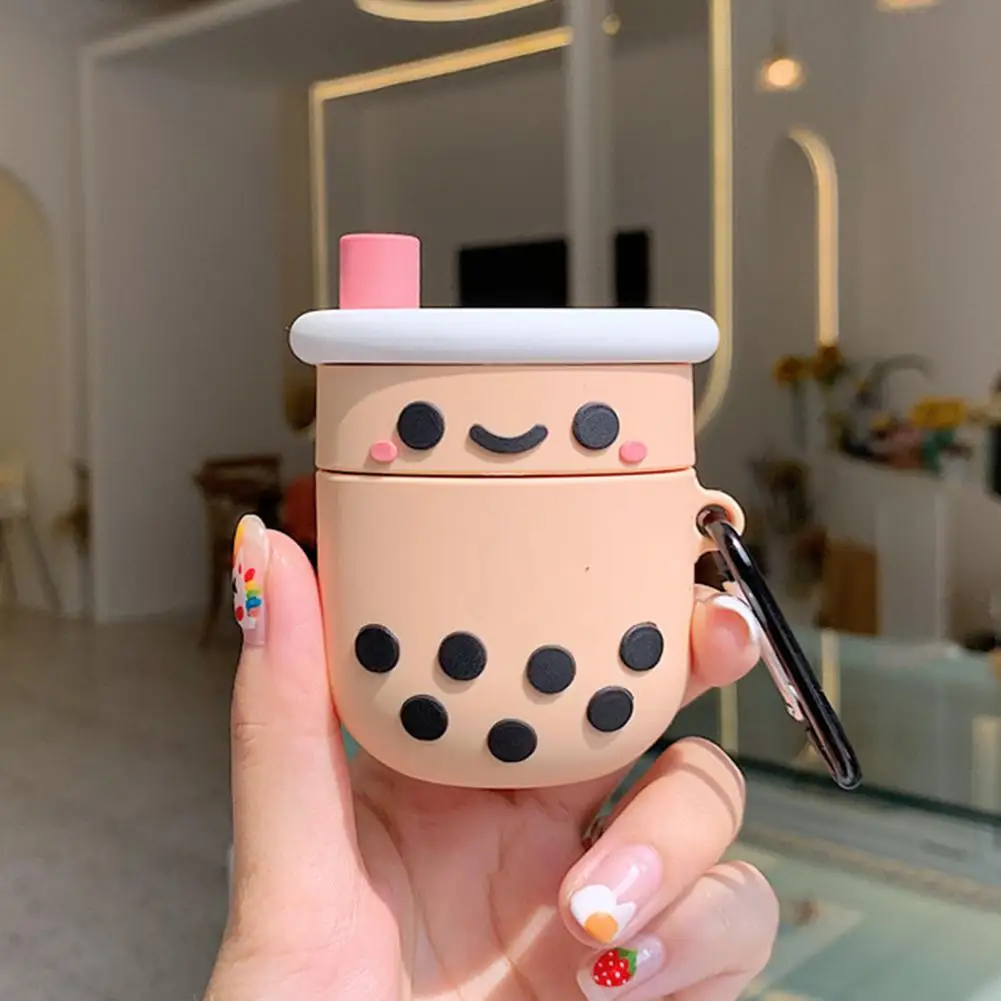 

Cartoon Bubble Tea Design Shock Proof Earphone Protective Cover Durable Silicone Case With Carabiner For A-irpods 1/2