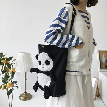

Girls Cute Panda Canvas Handbag for Teenager Youth Student Korean Fashion Ecology Fabric Kawaii Open Stylish Back Messenger Bag