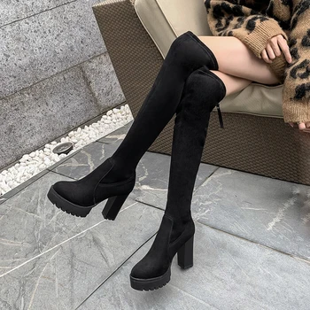 

2020 Sexy Platform Elastic Flock Slim Fit Over The Knee Boots Women shoes Back side Zipper ladies High heel Thigh High botas