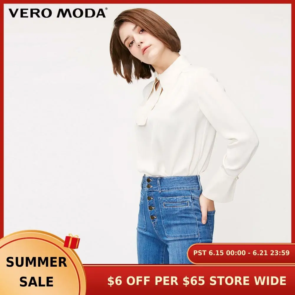 Женская плиссированная шифоновая рубашка с вырезом и съемным бантом Vero Moda |