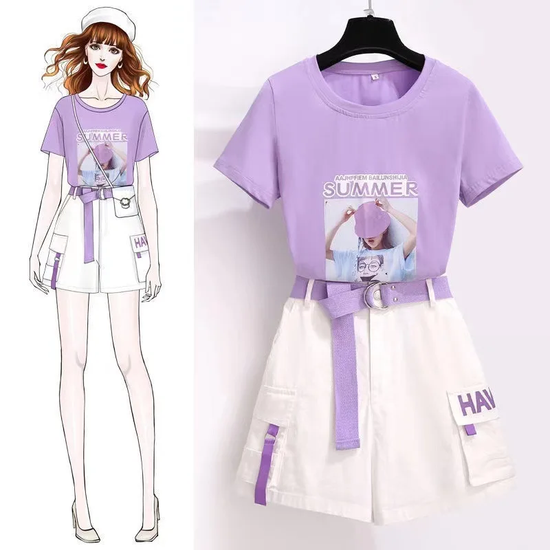 2022 New Casual Suit Female Printed T-Shirt Shorts Two-Piece Set Summer Trend Top Blouse Girl High Waist Sexy Simple Pants