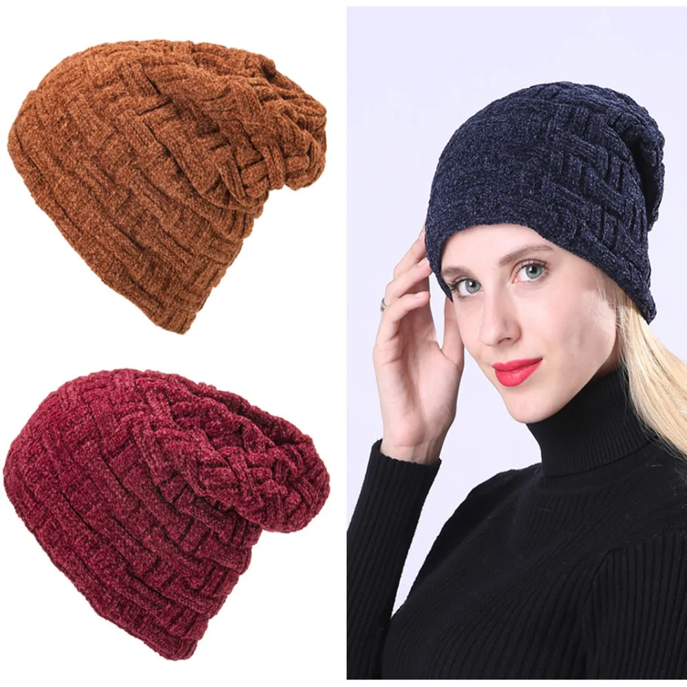

Solid Color Chenille Knitted Beanies Winter Warm Snow Soft Comfortable Skullies Beanies Cap Men Women Outdoor Leisure Hat