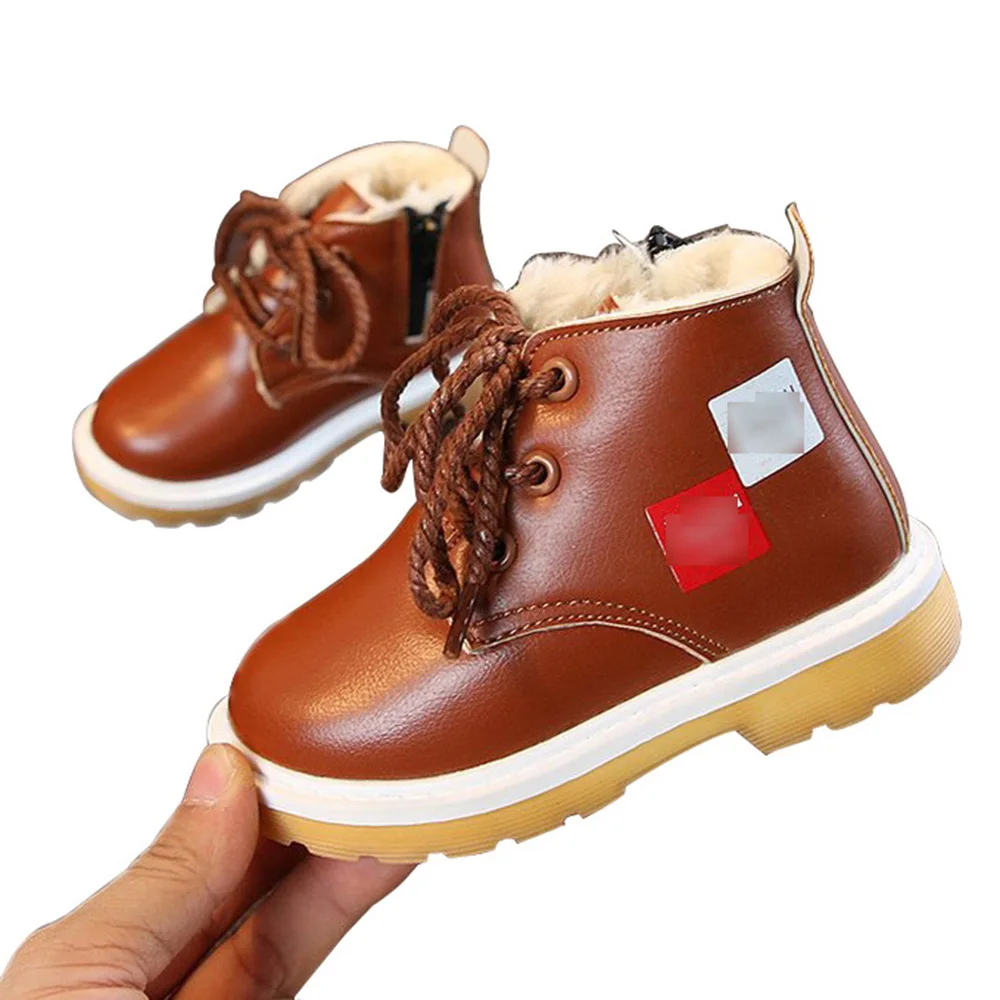 K35 brown Winter Toddler Boots New Arrival Fashion Lace Up Boys Girls PU Martin Ankle Boots Thicken Warm Velvt Flat Boots for Kids Child - Цвет: K35 brown