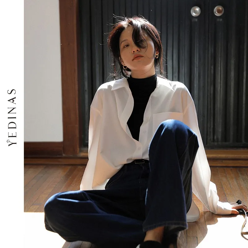 

Yedinas 2021 Spring Autumn Women Shirts White Plain Loose Oversized Blouses Female Tops Bf Korean Style Ladies Blusas Pockets
