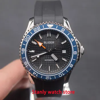 

Solid Bliger 41mm black dial luminous marks blue ceramic bezel GMT function automatic movement men's wrist watches
