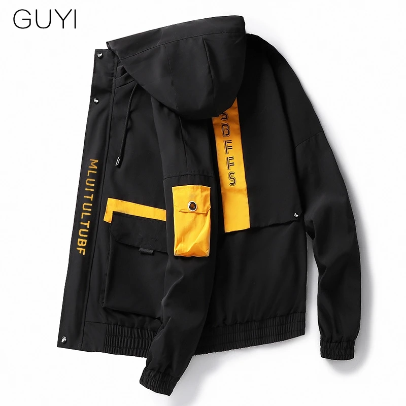 GUYI черный карго бомбер куртки мужские с капюшоном карманы ветровка пальто мужские модные повседневные хип хоп Harajuku осенние Лоскутные Пальто - Цвет: Черный