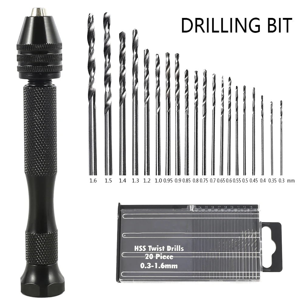 

20pcs Mini Aluminum Hand Drill with Keyless Chuck HSS Twist Drill Bit Drilling Rotary Tools Hand Drill Woodworking Tool