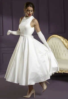 

A-line Satin Tea Length Short Wedding Dresses High Neck Sleeveless 1950s Vintage Wedding Gowns Short Bridal Gowns For Second Wed
