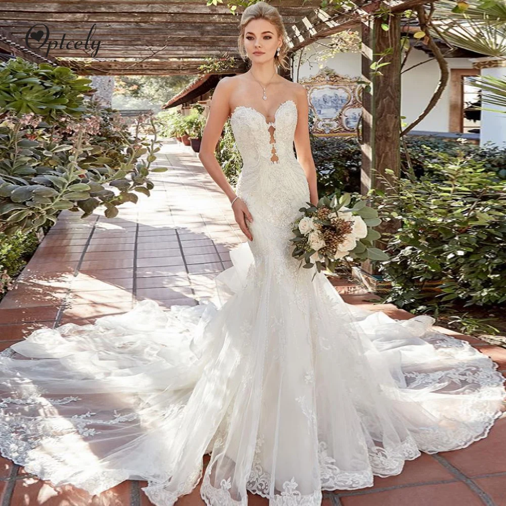 Optcely изысканный и вырезом сердечком, сексуальным вырезом на спине Vestido de Noiva Русалка без рукавов свадебное платье новые аппликации платье с бисером