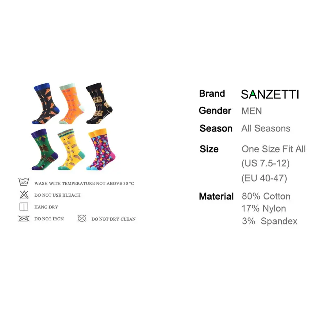 SANZETTI, 6 пар/лот, мужские Новые повседневные носки из чесаного хлопка, Разноцветные носки с забавным узором, удобные носки для свадебной вечеринки, подарок