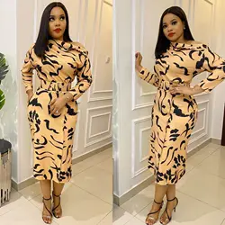 Women Print Dresses Elegant Office Ladies Long Sleeves Autumn Latest with Wasit Belt Classy Female Vestidos New Work Wear Lady