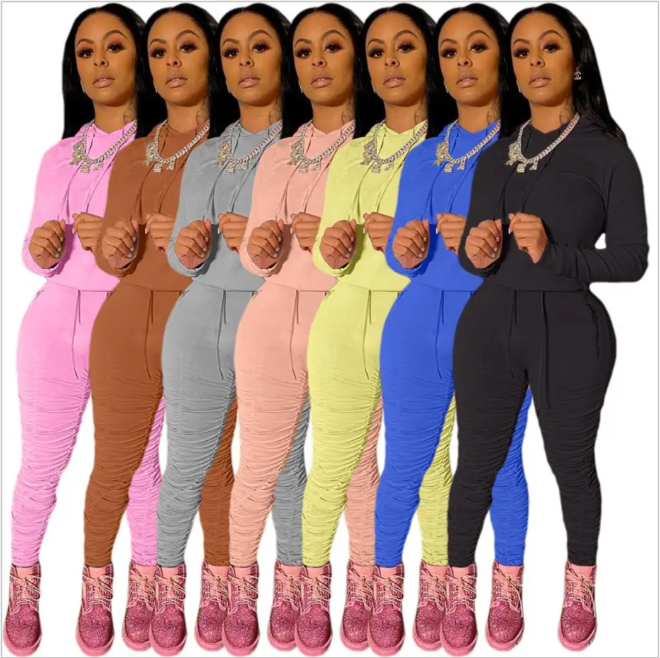 

2020 Autumn Winter Hottest Women Sweatshirt Hooded Long Sleeves Fashion Ladies Stacked Pants Sets Solid Tracksuits for Sports