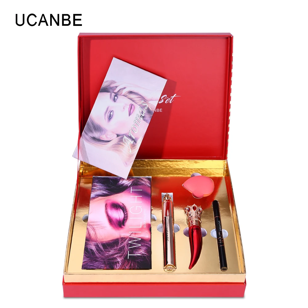 Смешанный цвет UCANBE Подарочная коробка 6 шт./партия ароматы тени для век макияж набор 2 палитра теней 1 помада 1 Тушь 1 Подводка для глаз 1 губка - Цвет: Смешанный цвет