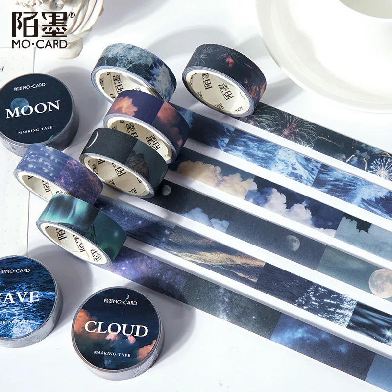 Wave Moon-conjunto de cintas Washi, cintas adhesivas de papel colorido para escribir, cinta de papel adhesiva de 15mm para decoración, etiqueta de diario