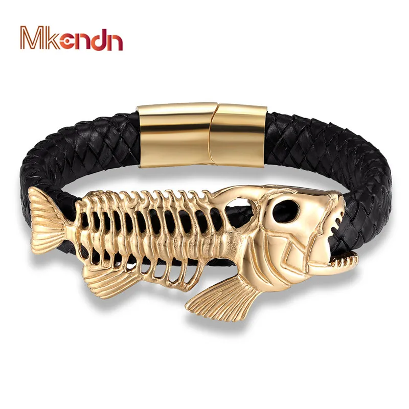 MKENDN Punk Style Design Gold Fish Bones Genuine Leather Bracelet for Men Stainless Steel Magnetic Button Gift Male Bracelets