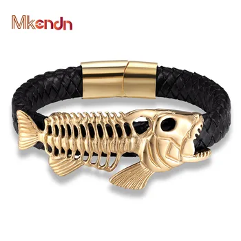 MKENDN Punk Style Design Gold Fish Bones Genuine Leather Bracelet for Men Stainless Steel Magnetic Button Gift Male Bracelets