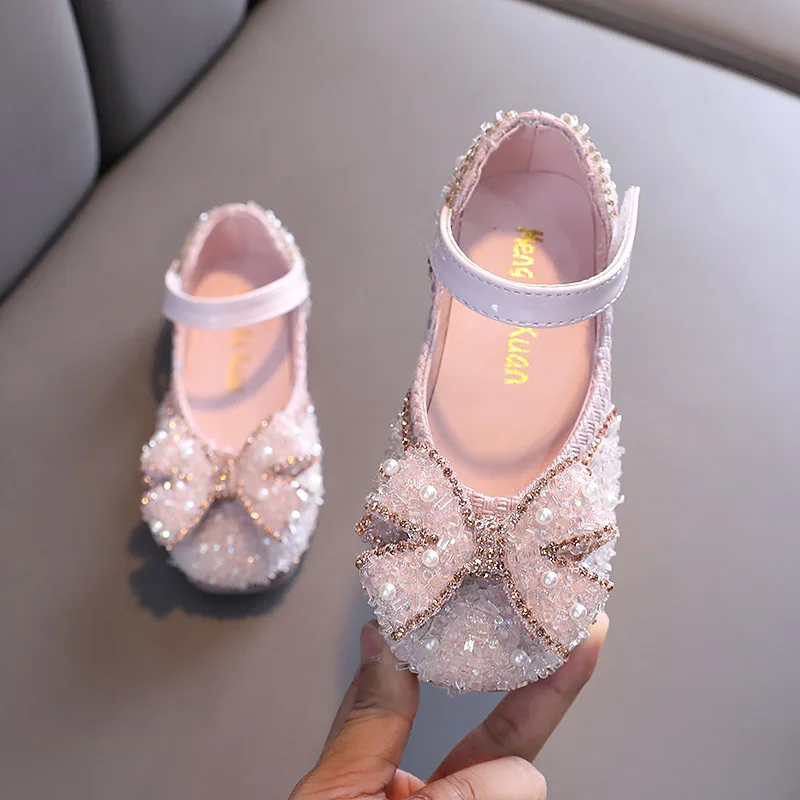 New Hot Sale Girls Bow Princess Shoes Sequin Rhinestone Children Dance Shoes Spring Autumn Flats Kids G47