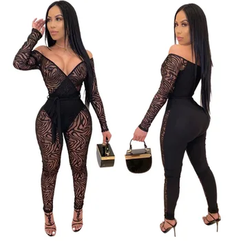 

JRRY Sexy Off the Shoulder Women Jumpsuits Long Sleeve Deep V Neck Jumpsuit Summer New Hollow Out Jumpsuit