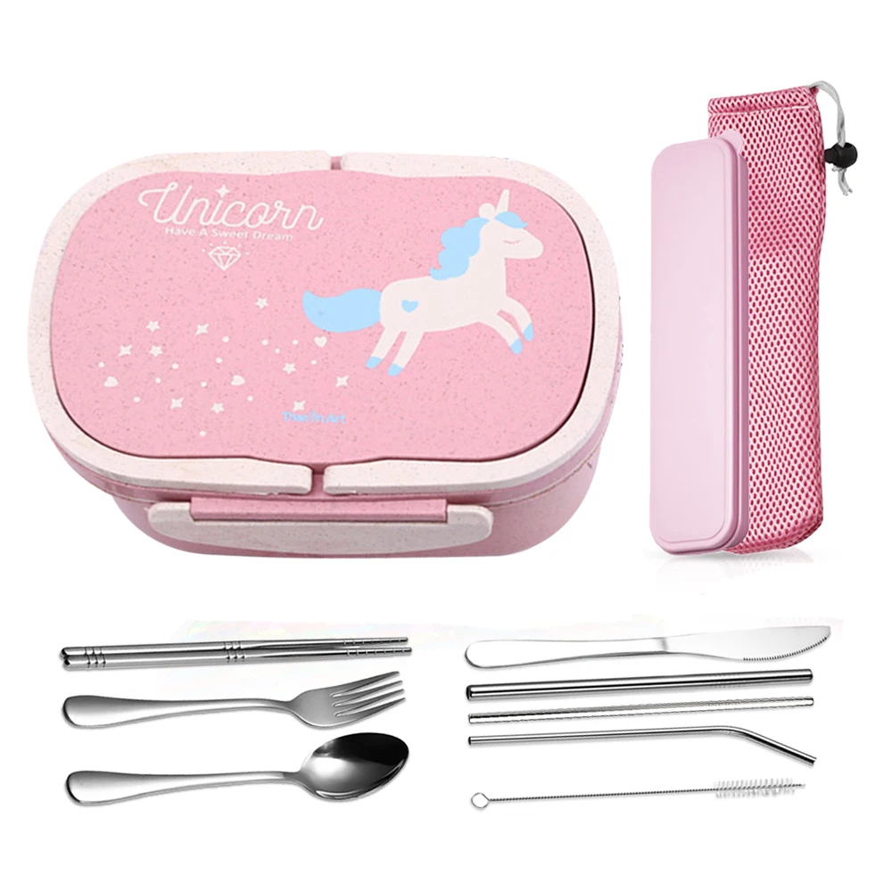 with cutlery Милый мультяшный Ланч-бокс с единорогом, детский набор Bento коробок для школьниц, портативный термо-Ланч-бокс для девочек, набор столовых приборов и сумка для ланча - Цвет: with cutlery