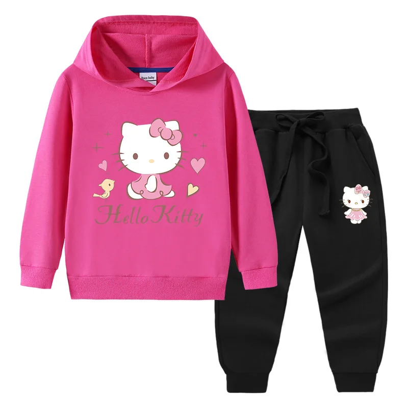 thumbnail image 1 of Hello Kitty-suéter con capucha y cuello alto para niños, pantalones de dos piezas con dibujos animados para niño, traje deportivo informal de manga larga de algodón puro, 1 of 5