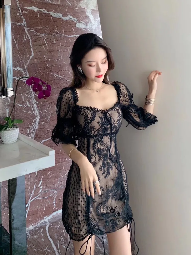 Kpop Blackpink jisoo же тонкий шнурок сексуальное кружевное черное платье для женщин сценическая сумка Хип платья для девочек летнее праздничное платье