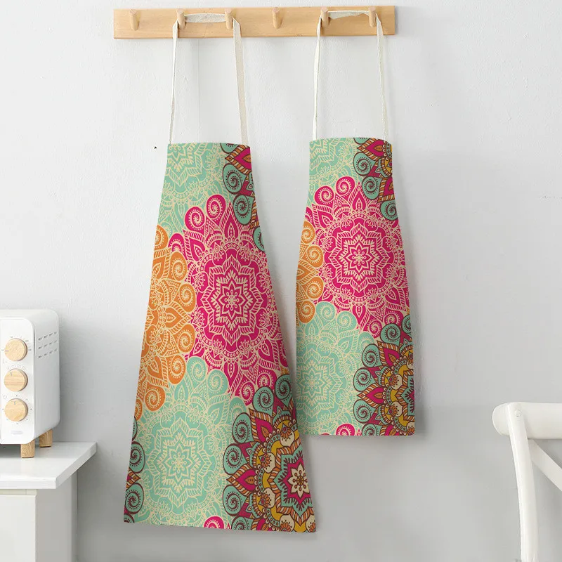 Colorful Mandala Printed Aprons for Woman Home Cooking Baking Coffee Shop Cotton Linen Cleaning Accessories