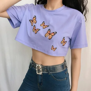 

Summer Women Butterfly Short Sleeve Tops Casual Fashion Purple Shert Style T Shirt