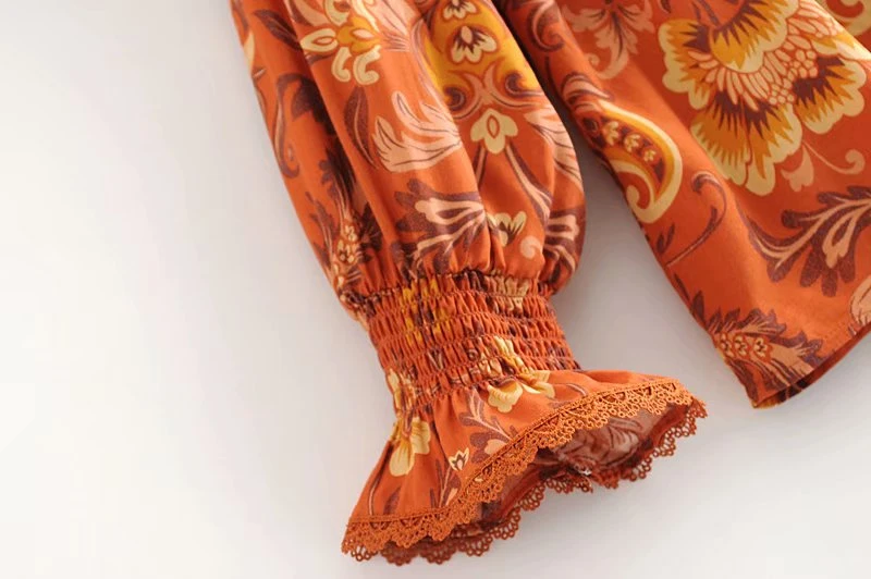 Boho Chic womenTops Винтаж Цветочный принт оборками свободные блузки дамы О образным вырезом с длинным рукавом пляжные рубашки Blusas Mujer