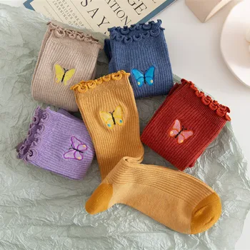 

Creative Cartoon Butterfly Embroidery Women Socks Candy Color College Korea Style Personality Casual Breathable Calcetines Mujer