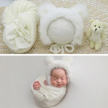 

Newborn Photography Prop Wrap Fluffy Hat Bear Doll Set Infant Baby Photo Props Outfits Birthday Outfit Photo Props
