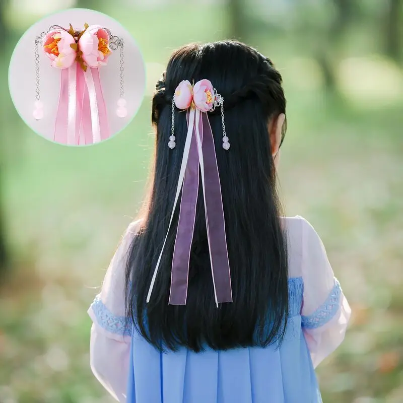 

Handmade New Year Design Flower Tassels Hair Clips Chinese Traditional Hairpins Children Girl Hair Accessories