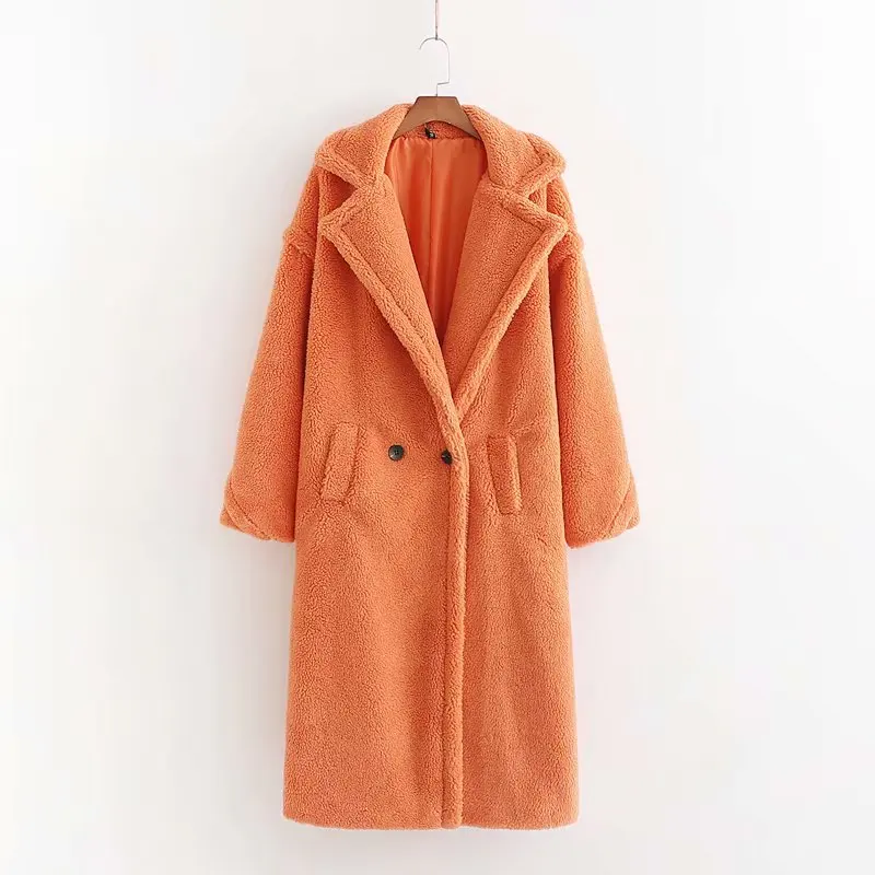 JuneLove, Женское зимнее теплое длинное пальто из искусственного меха, винтажное, с длинным рукавом, женское, толстое, плюшевый мишка, пальто, повседневное, свободное, большие размеры, верхняя одежда - Цвет: Orange
