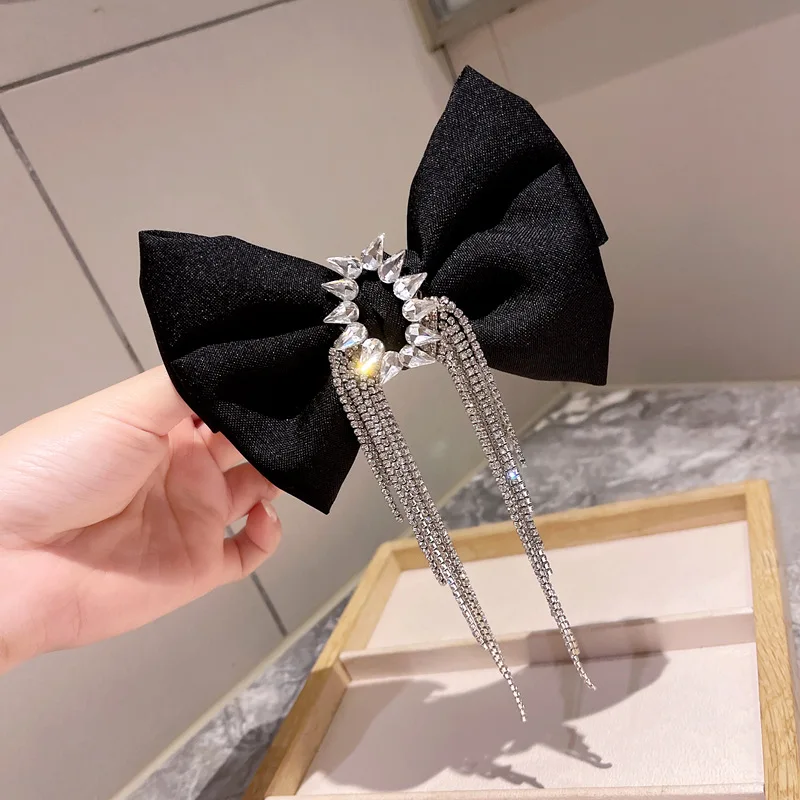 Retro Fabric Bow Hairpin for Women Girls Luxury Jewelry Shiny Crystal Rhinestone Tassel Hair Bows Clip Hairgrip Hair Accessories