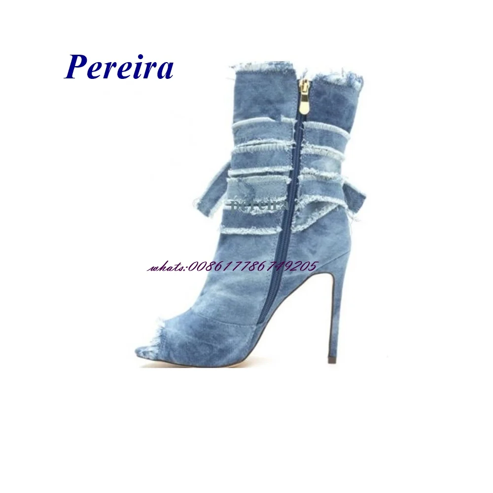 

Peep Toe Denim Butterfly Knot Boots Stiletto Heel High Heel Women Shoes Fringe Side Zipper Big Size Fashion Shoes Autumn