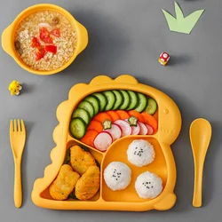 Baby Bowl+spoon+fork+plate Feeding Food Tableware Cartoon Dinosaur Divider Dishes Child Toddler Feed Training Eating Dinnerware