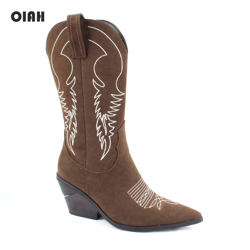 

OIAH Brand Women Boots Pointed Toe Wedges Shoes Autumn Winter Embroidery Booties Ladies Western Cowgirl Mid-Calf Boots for Women