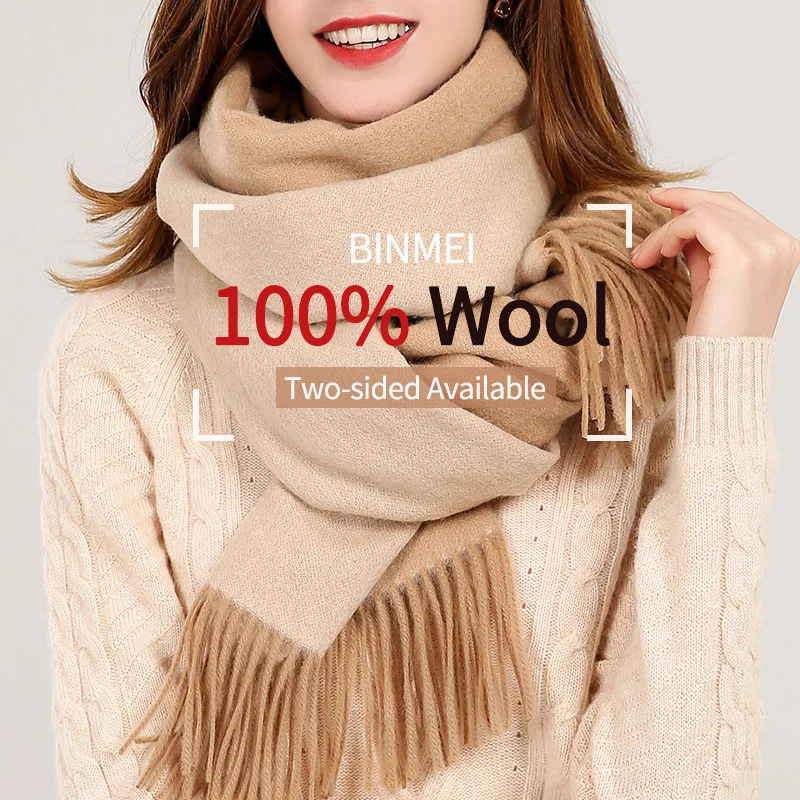 

Reversible 100% Real Wool Scarf Women 2019 Brand Warm Shawls and Wraps Ladies Solid Warps Echarpe 305g Winter Camel Wool Scarves